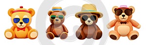 Four cute teddy bears with sunglasses and sunhats, generative ai