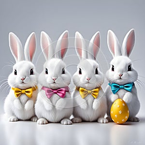 Four cute white Easter bunnies with cute bows on their necks