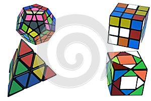 Four 3D cubes on a white background