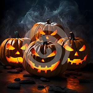 Four dark, glowing jack-o-lantern pumpkins on a dark background with smoke rising, a Halloween image