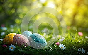 Four decorated eggs in lush green grass surrounded by vibrant yellow spring flowers, illuminated by the warm glow of morning