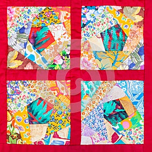 Four details of hand made patchwork quilt