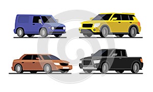 Four different cars van, pickup, sedan, SUV