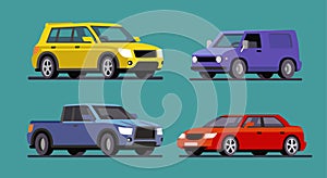 Four different cars van, pickup, sedan, SUV