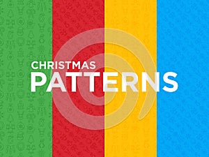 Four different Christmas seamless patterns with thin line icons: Santa Claus, snowflake, reindeer, wreath, decoration, candy cane