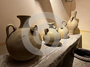 Four different clay jugs called botijo in spanish. photo