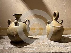 Four different clay jugs called botijo in spanish. photo