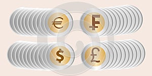 Four different coins like euro, dollar, pound, swiss franc in a row