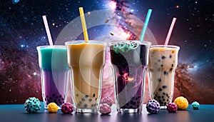 Four different colored drinks with straws in them, with a background of stars and a galaxy. The drinks are in glasses