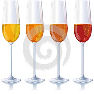Four different colored sparkling wine glasses