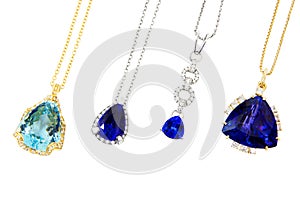Four Different Designer Pendants with Tanzanite, Aquamarine and Diamonds
