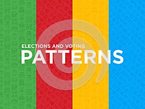 Four different Election and votings seamless patterns with thin line icons: voters, ballot box, inauguration, corruption, debate,