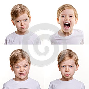 Four different face expressions of cute preschool boy
