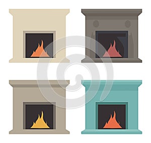 Four different fireplace designs with flames. Set of classic and modern fireplaces for interior design. Home warming and