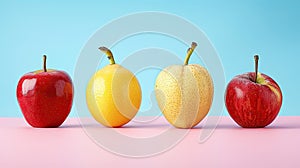 Four different fruits aligned on a two-tone background.