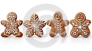 Four different gingerbreads in christmas style isolated on white created with Generative AI