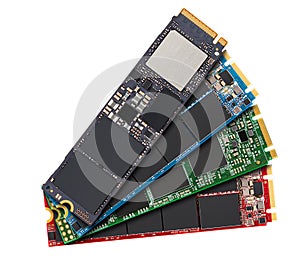 Four different M2 SSD flash hdd hard disc drive nvme and sata type isolated white background. pc computer hardware component me