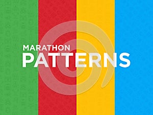 Four different Marathon seamless patterns with thin line icons: runner, start, finish, running shoes, bottle of water, route,