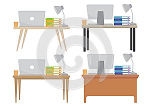 Four different modern office desk table with either a computer or laptop, books, lamp and a cup of coffee. Isolated