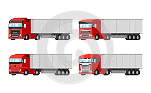 Four different red trucks for delivery goods vector flat design isolated on white background. Delivery, cargo