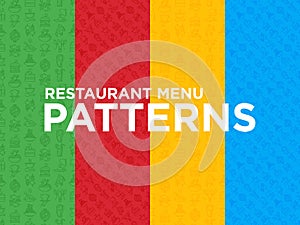 Four different restaurant menu seamless patterns with thin line icons: starters, chef dish, BBQ, soup, beef, steak, beverage, fish