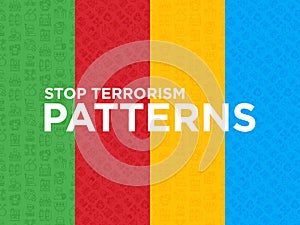 Four different Stop terrorism seamless patterns with thin line icons: terrorist, civil disorder, national army, hostage, bombs,