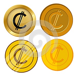 Four different style gold coin with colon currency symbol vector set