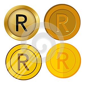 Four different style gold coin with rand currency symbol vector set