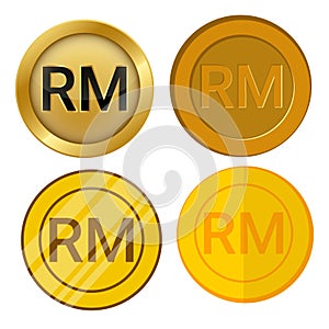 Four different style gold coin with ringgit currency symbol vector set