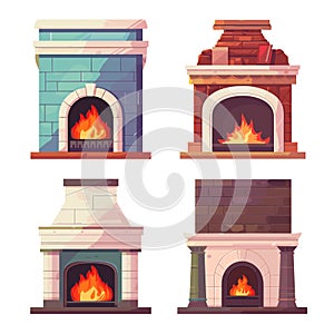 Four different styles fireplaces illustrated warm cozy home interiors. Traditional, modern