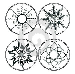 Set of geometric stylized images of the sun in the circle frames photo