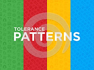 Four different Tolerance seamless patterns with thin line icons: gender, racial, national, religious, sexual orientation,