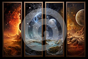 Four distinct panels, the fundamental elements of the cosmos (Generative AI)