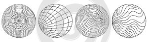 Four Diverse Black and White Line Patterns on Circular Shapes isolated on transparent background. Vector illustration