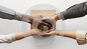 Four diverse hands cooperating to hold a cardboard box on a white background photo