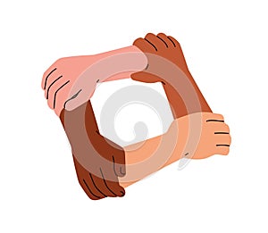 Four diverse hands in unity, holding one another in circle. Teamwork, support, solidarity concept. Trust and cooperation