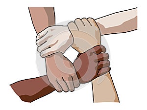Four diverse men holding each others wrists. Top view
