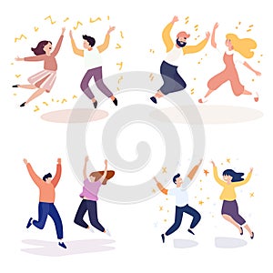 Four diverse people couple jumping with joy, celebrating with confetti. Happy group celebration, men and women in casual