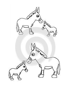 Four donkeys, colouring book page uncolored and colored