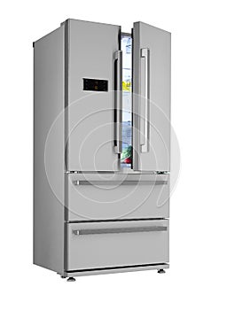 Four door refrigerator, freezer shows inside photo