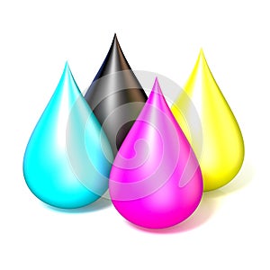 Four drops of printer ink. CMYK concept 3D