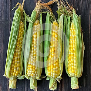 Four Ears of Corn on a Dark Wooden Surface