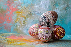 Four Easter eggs stacked with magenta paint on table