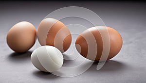 Four eggs of different colors on a table