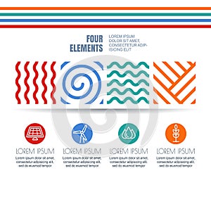 Four elements abstract linear symbols and alternative energy icons.