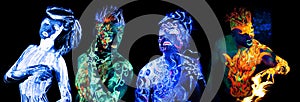 Four elements. Body art glowing in ultraviolet light