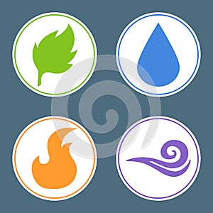 Four Elements: Fire, Water, Earth, Air. Nature Element Stickers. Vector illustration for your design.