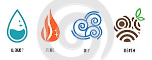 Four elements flat style symbols. Water, fire, air, earth signs. Vector icons.