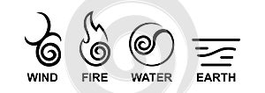 Four elements icon logo with line style symbols Black and white icon. fire, water, Wind, earth symbol