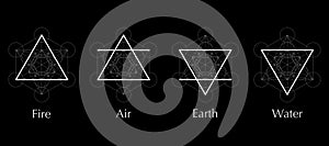 Four elements icons, line, triangle and round symbols set template. Air, fire, water, earth symbol. Pictograph. Alchemy symbols